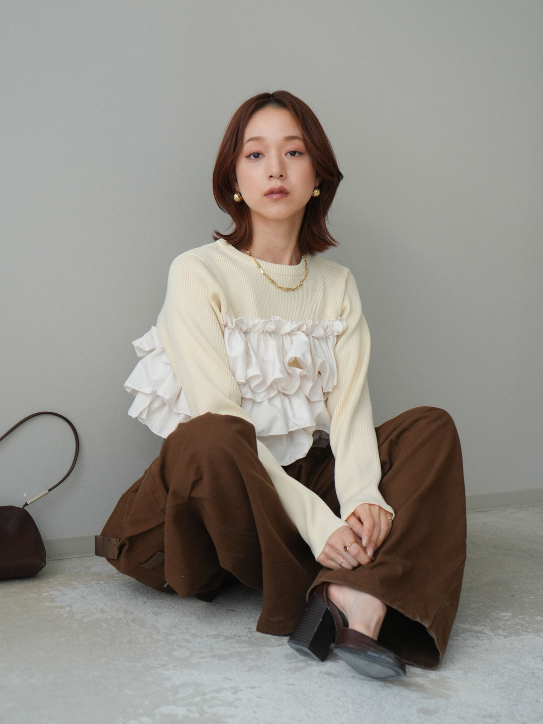 [SET]フリルビスチェドッキングスポンジニットプルオーバー+コットンタックループパンツ(2set)