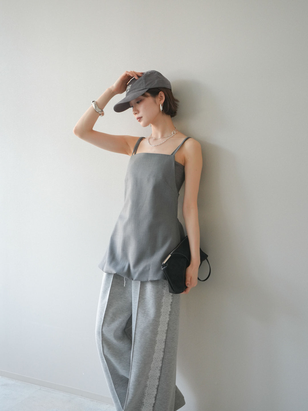 [SET]バックリボンバルーンチュニックキャミ+サイドレースポンチワイドパンツ(2set)