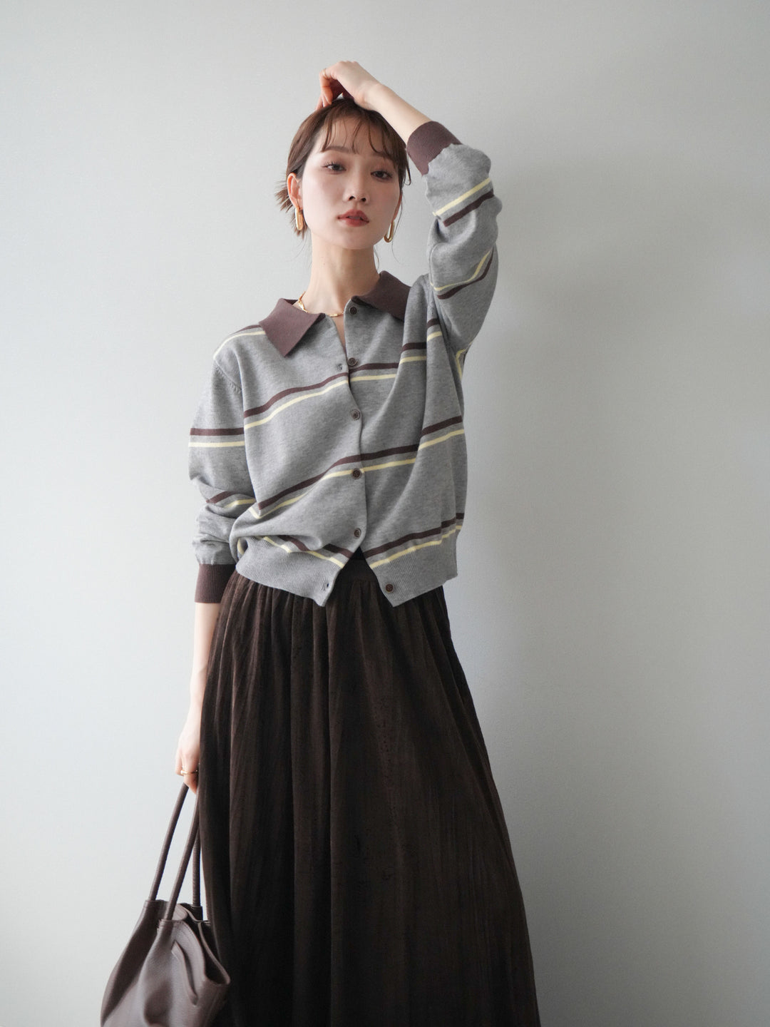 [予約]配色マルチボーダーポロニットカーディガン/gray
