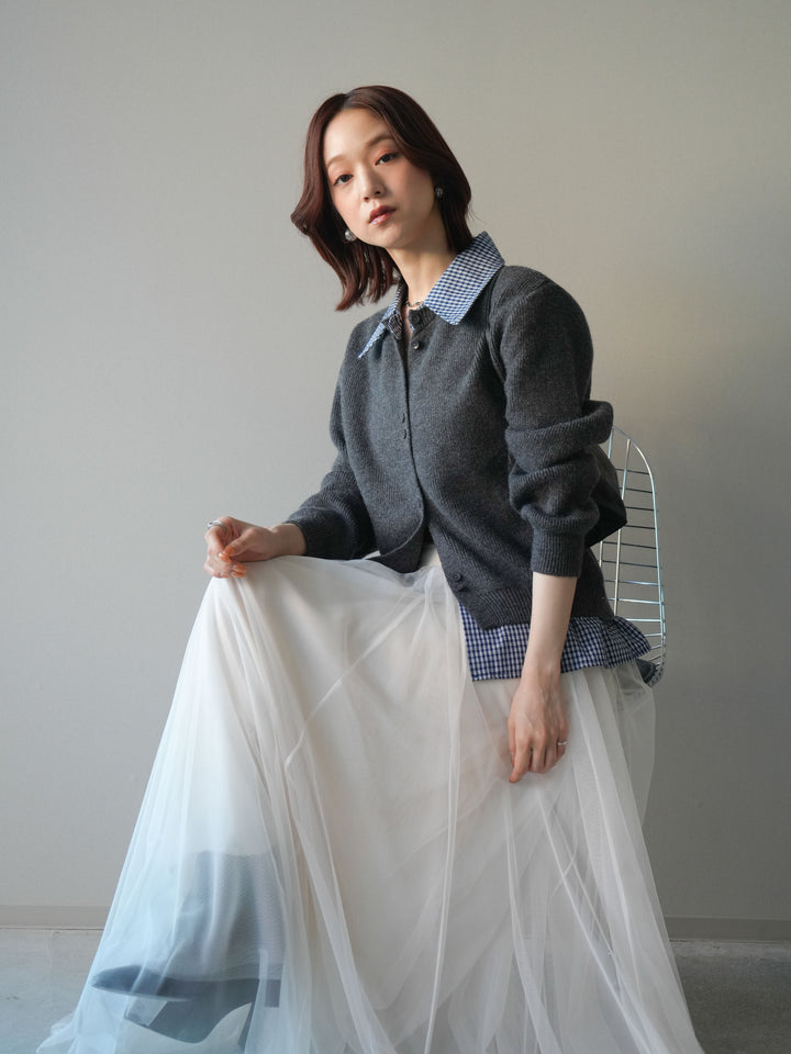 [SET]チェックシャツ襟ニットカーディガン+チュールボリュームスカート(2set)