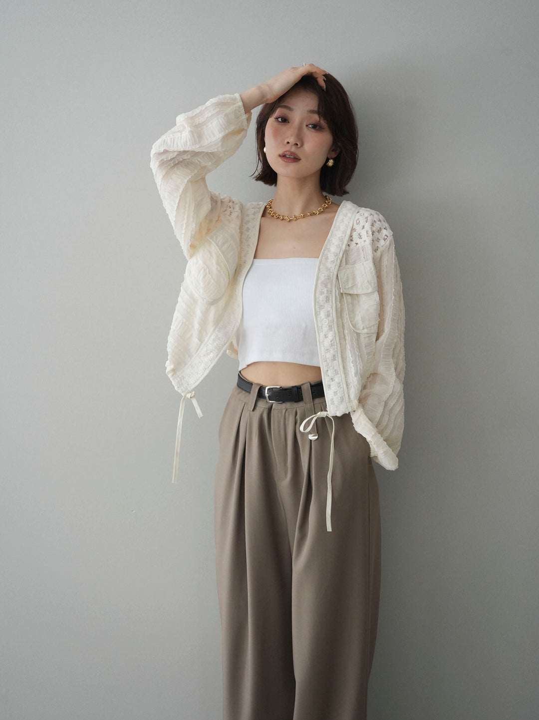 [SET]パッチワークシアーフリルブルゾン+選べるアクセセット(2set)