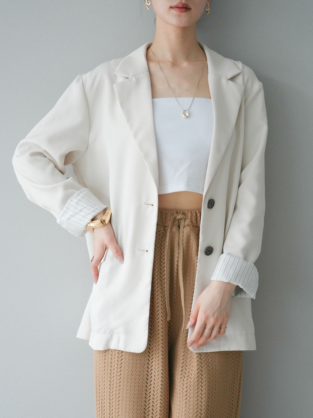 [予約]リネンタッチテーラードジャケット/アイボリー