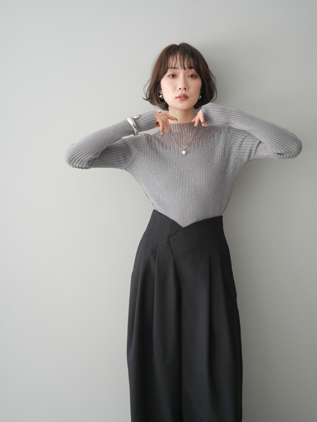 [SET]シアー切替スパンコールリブニットトップス+シアー切替スパンコールリブニットトップス(2set)