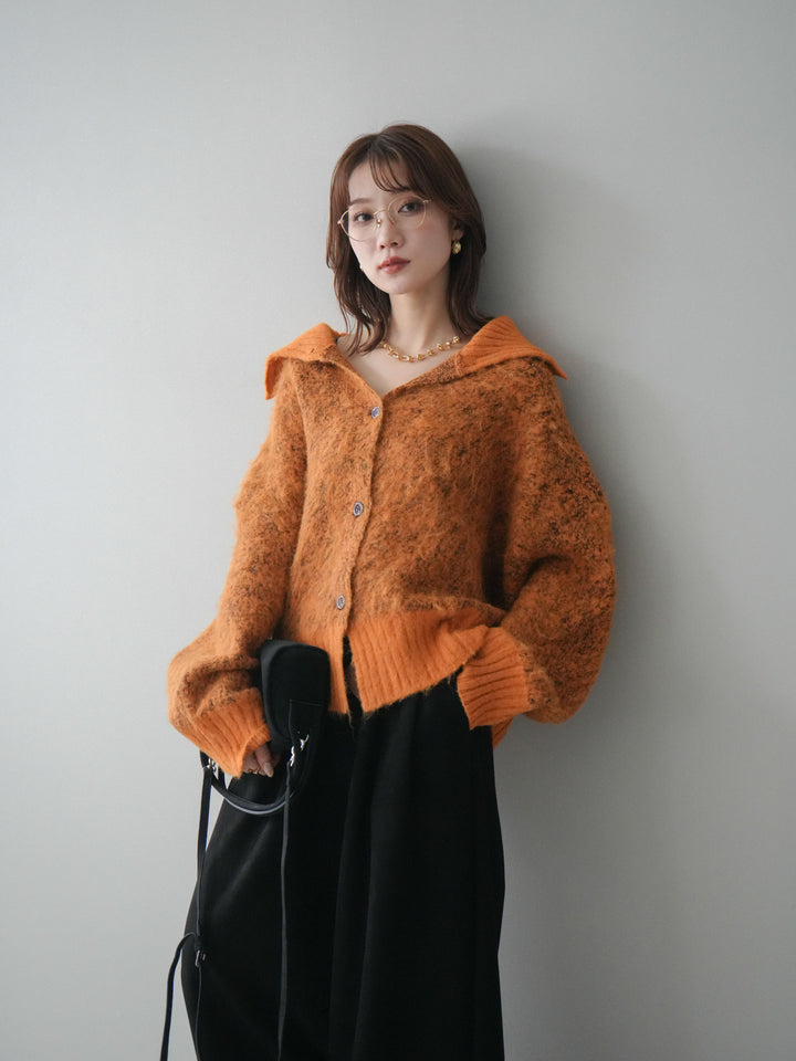 [SET]リブ切替メランジニットカーディガン+モチーフベルト付スエードタックワイドパンツ(2set)