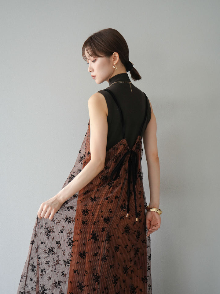 [SET]フロッキーチュールレイヤードベロアキャミワンピース+プチネックセンターシームノースリーニットトップス(2set)