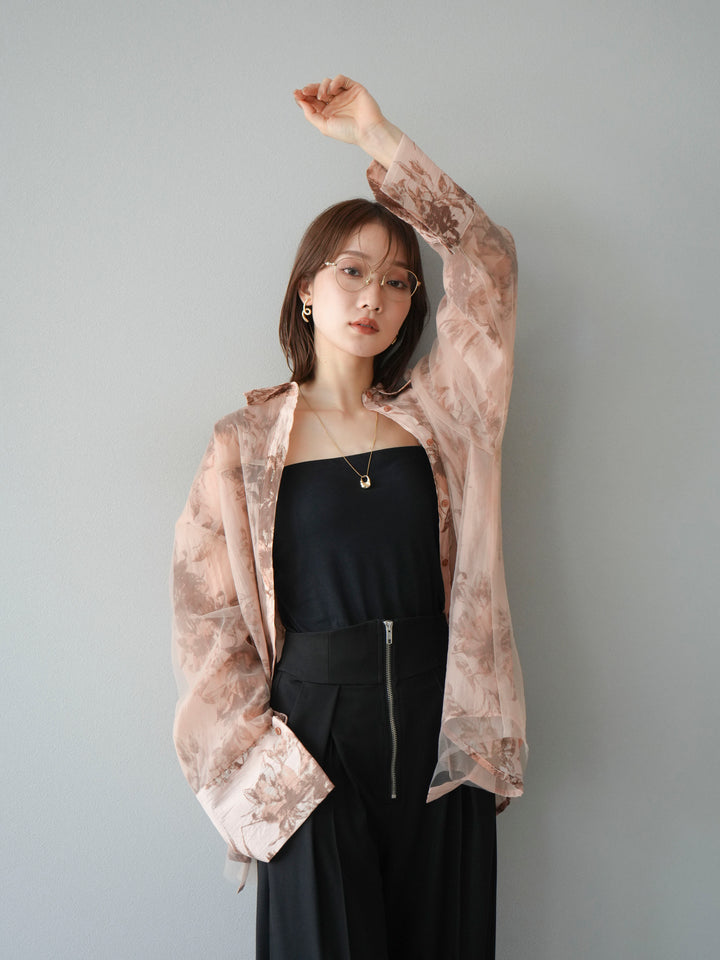 [予約]チュールドッキングフラワー柄オーバーサイズシャツ/ブラウン