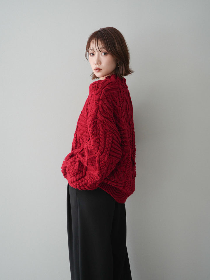 [SET]ケーブル編みモックネックニットプルオーバー+選べるアクセセット(2set)