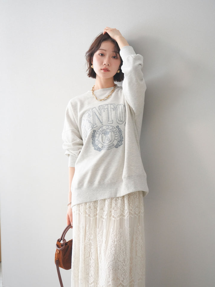 [SET]カレッジロゴ刺繍BIGスウェットプルオーバー+裏プリーツ総レースロングスカート(2set)