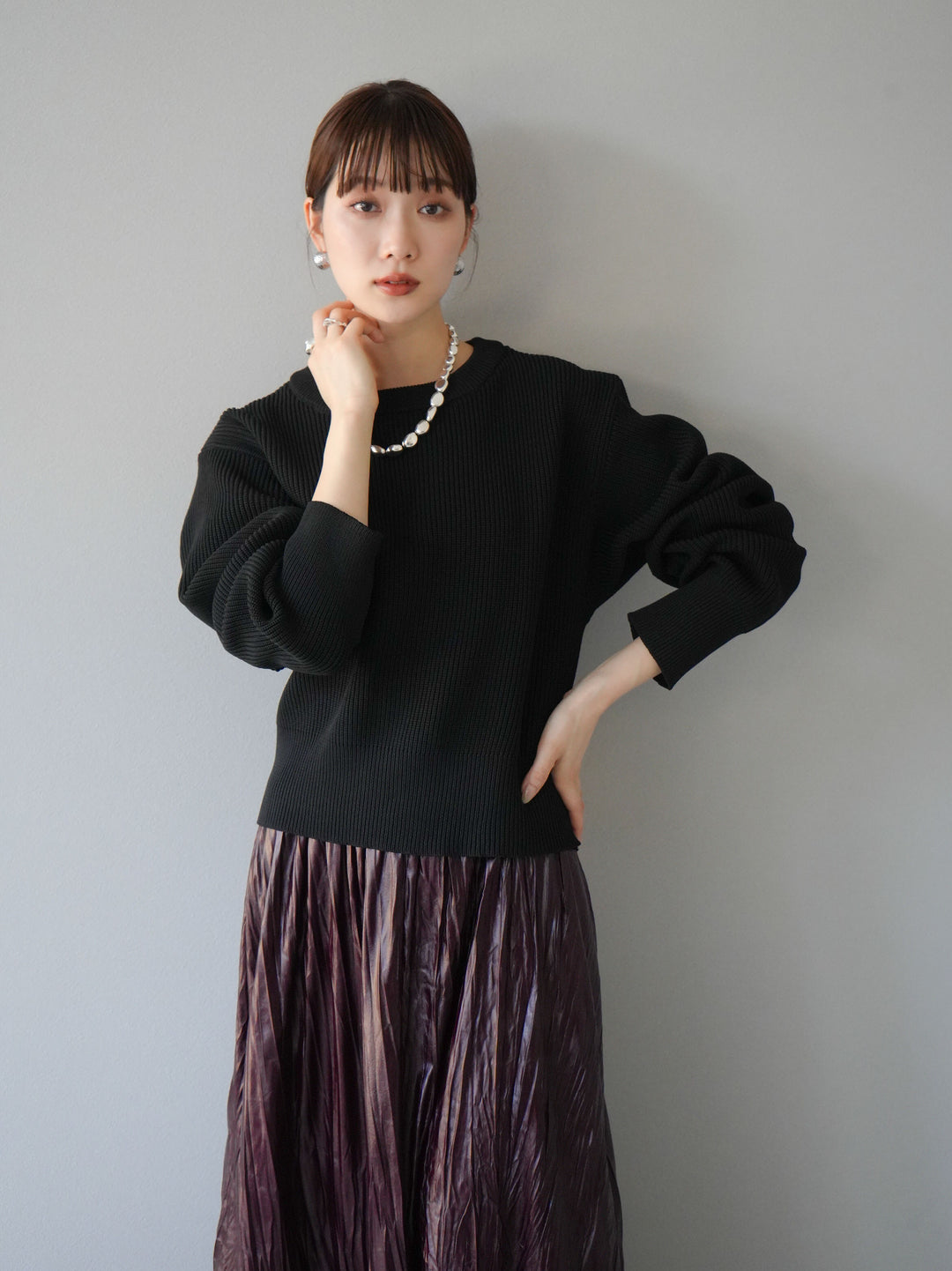 [予約]あぜ編みポリエステルニットプルオーバー/ブラック