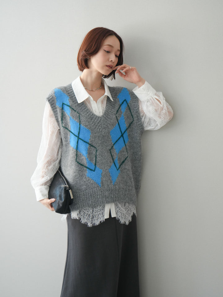 [SET]アーガイルVネックニットベスト+選べるアクセセット(2set)