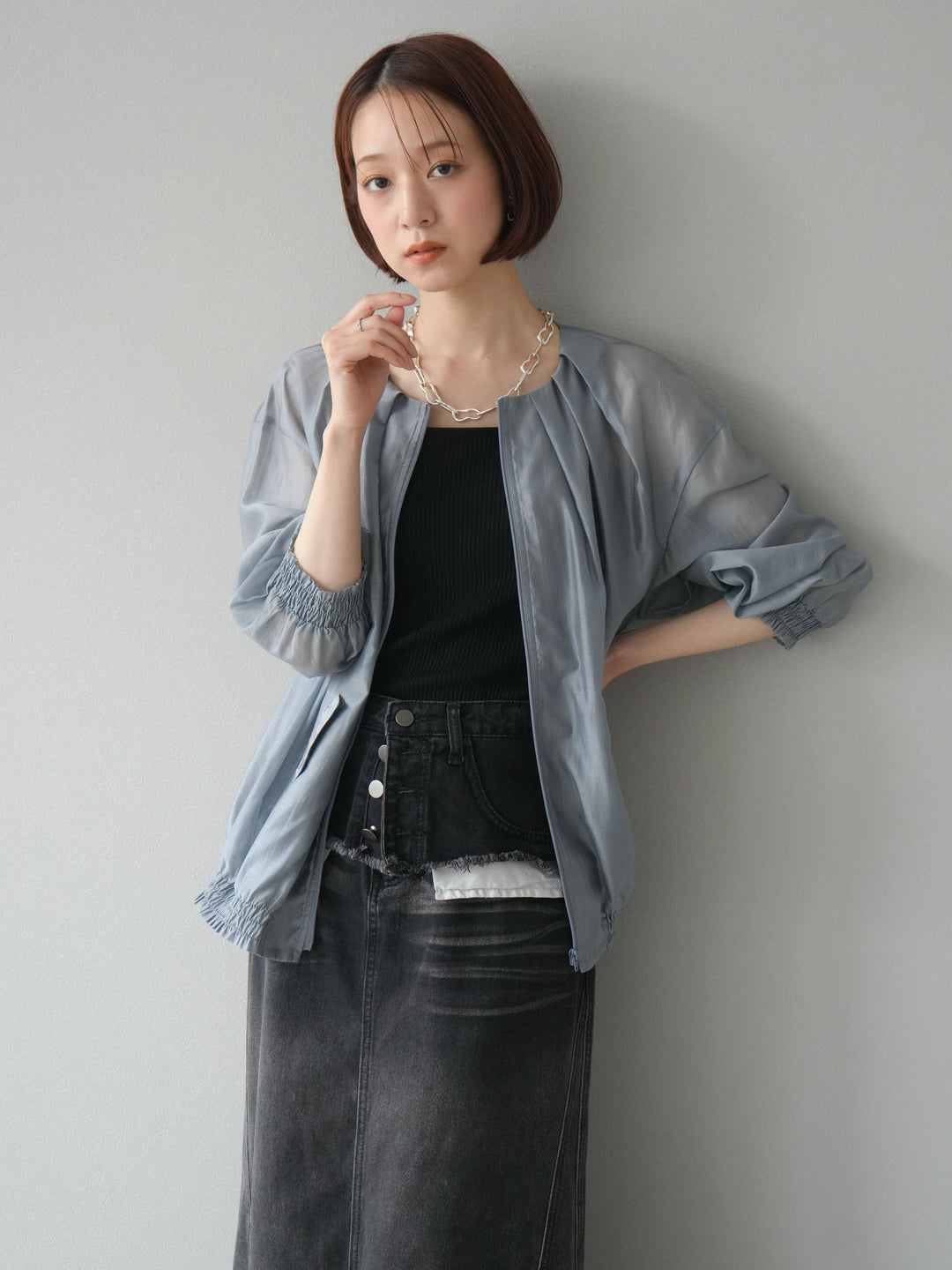 【預訂】褶襉設計透視上衣/灰色