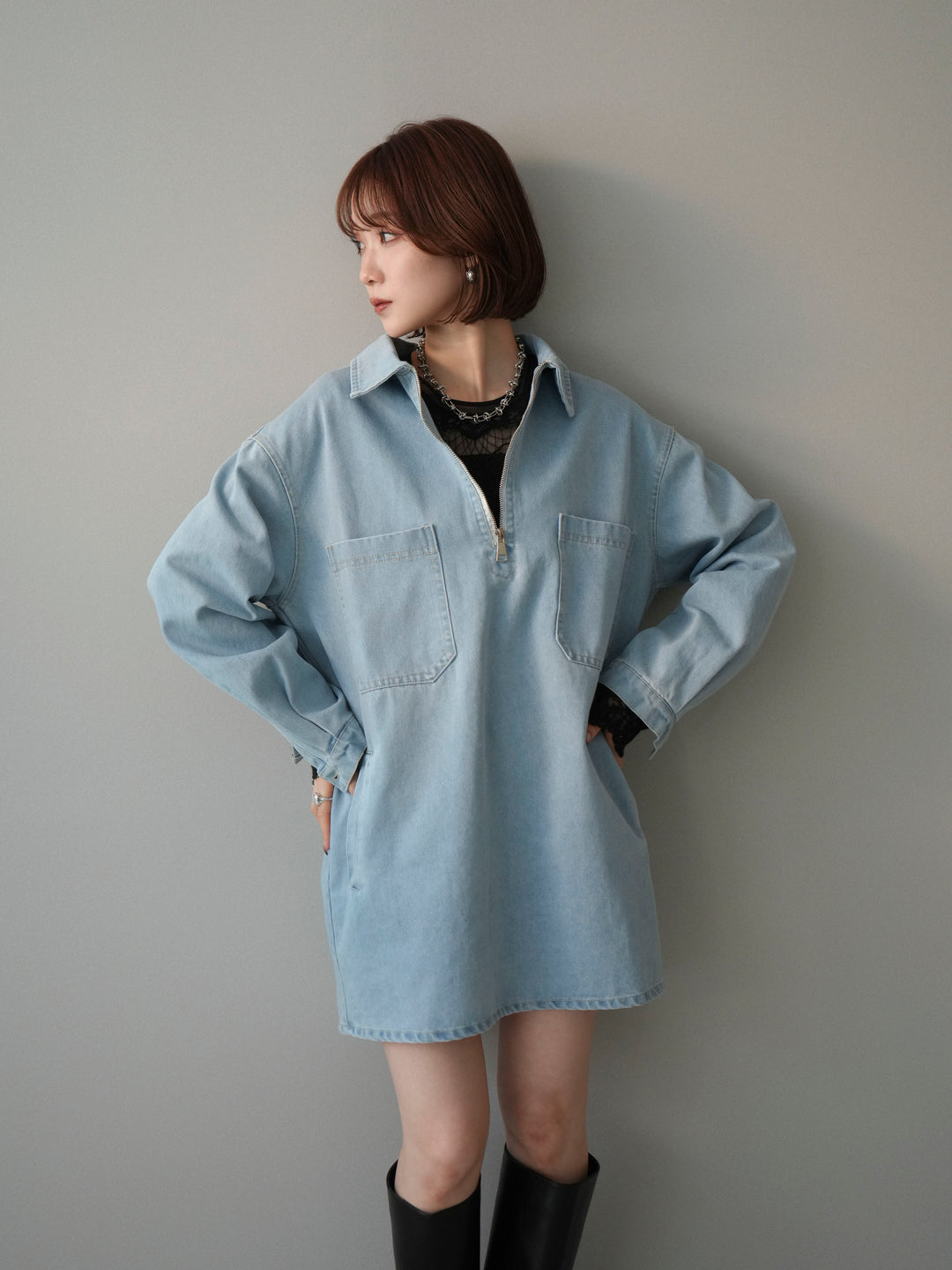 [予約]ハーフジップデニムミニワンピース/blue