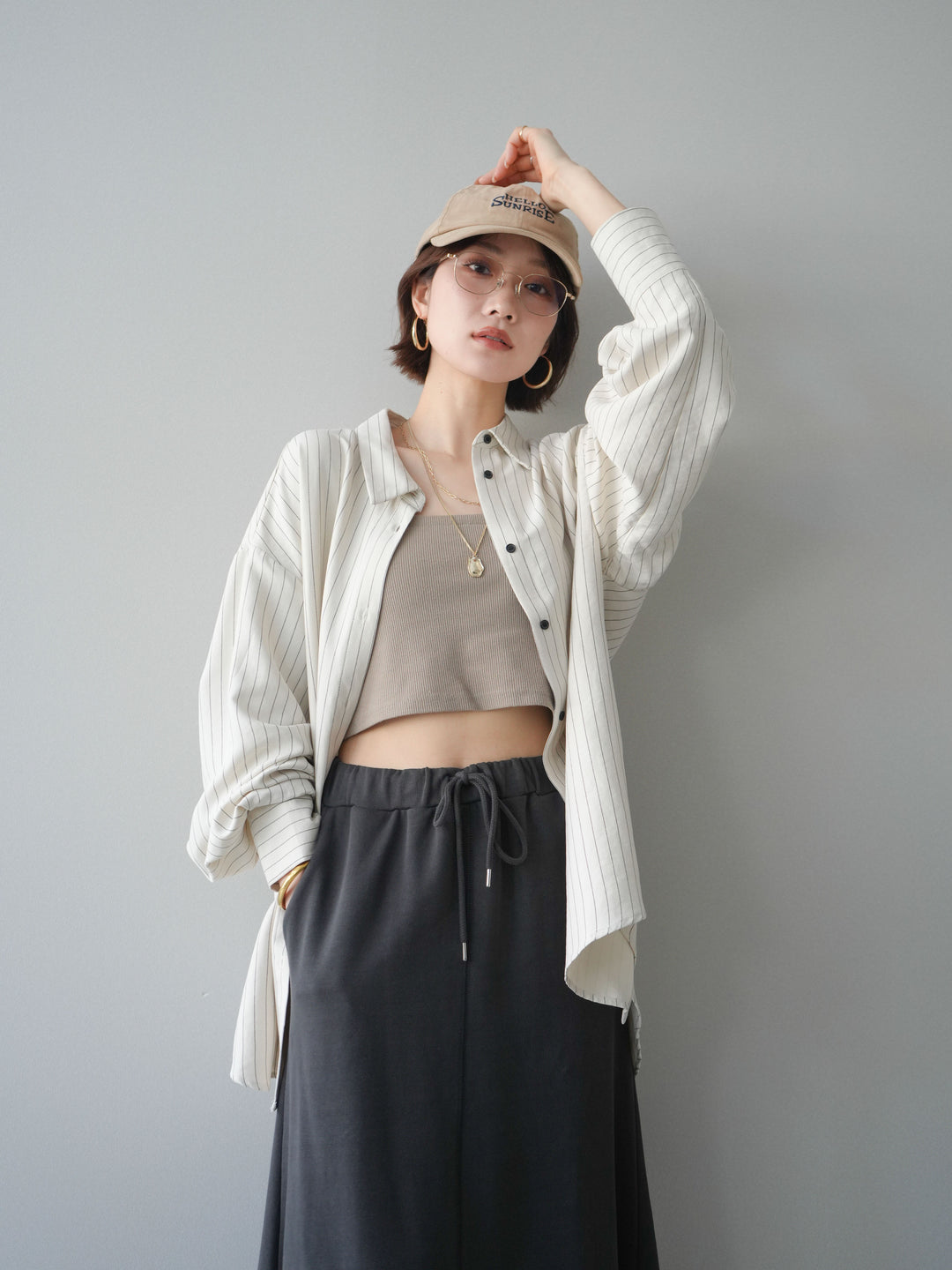 [SET]2WAYカシュクールストライプブラウス+スウェットフレアロングスカート(2set)