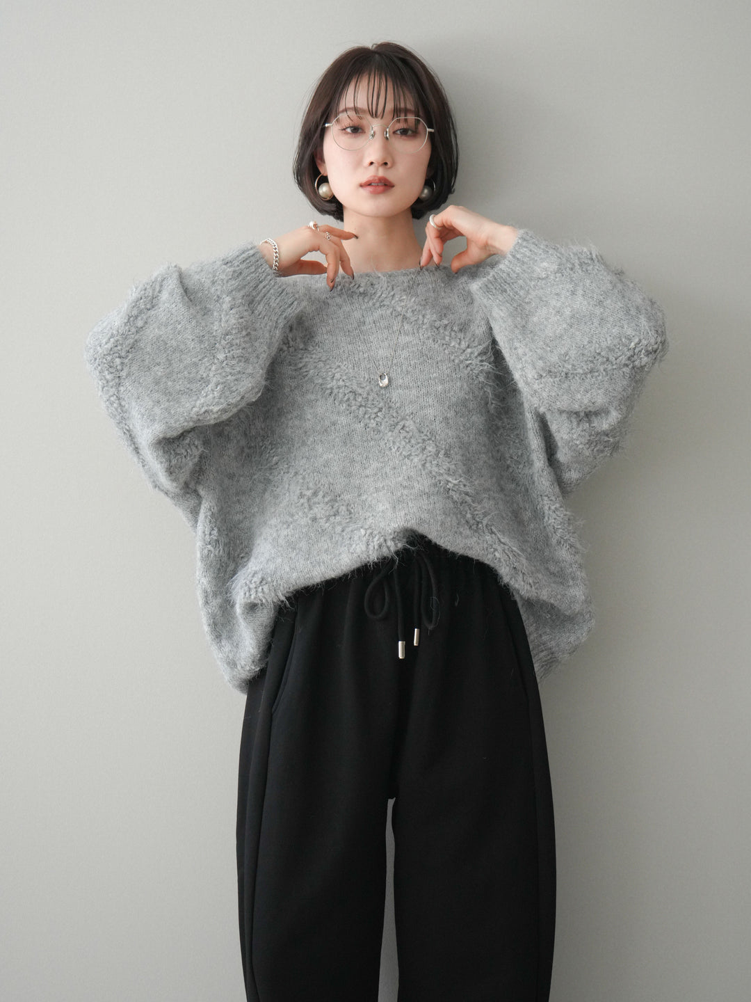 [SET]シャギーデザインニットプルオーバー+裾ZIPスエットワイドパンツ(2set)