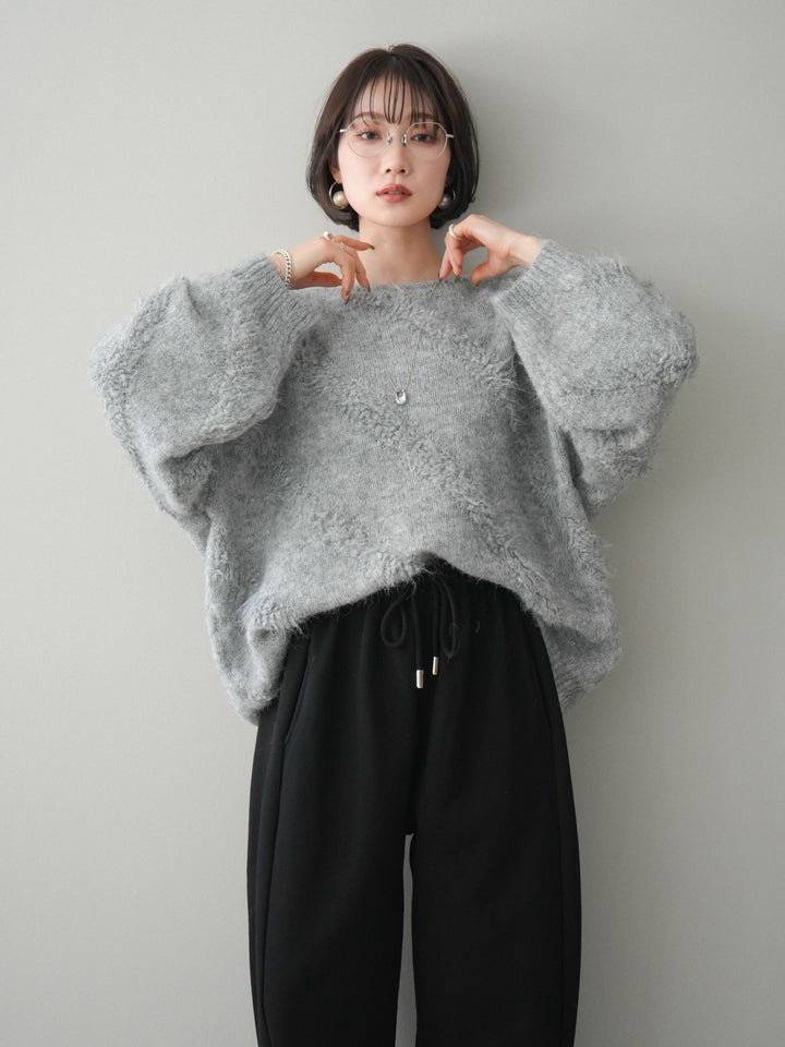 [SET]シャギーデザインニットプルオーバー+裾ZIPスエットワイドパンツ(2set)