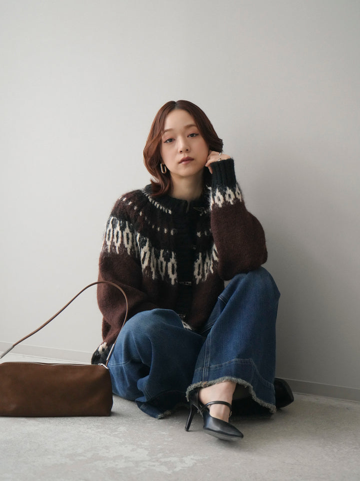 [SET]トグルボタン求心柄ニットカーディガン+裏起毛裾フリンジワイドデニムパンツ(2set)