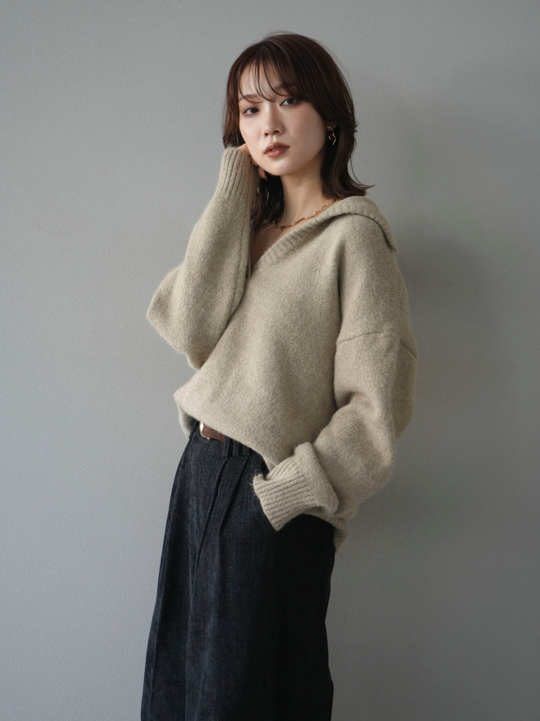 [予約]スキッパーニットプルオーバー/beige