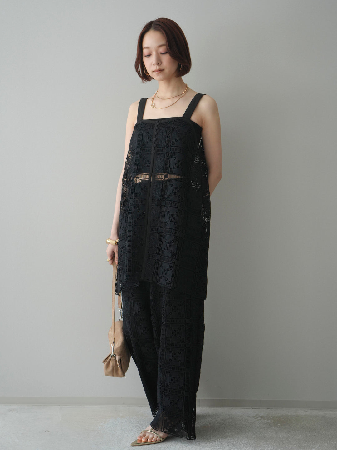 [SET]配色パネルレースキャミソール+パネルレースイージーパンツ(2set)