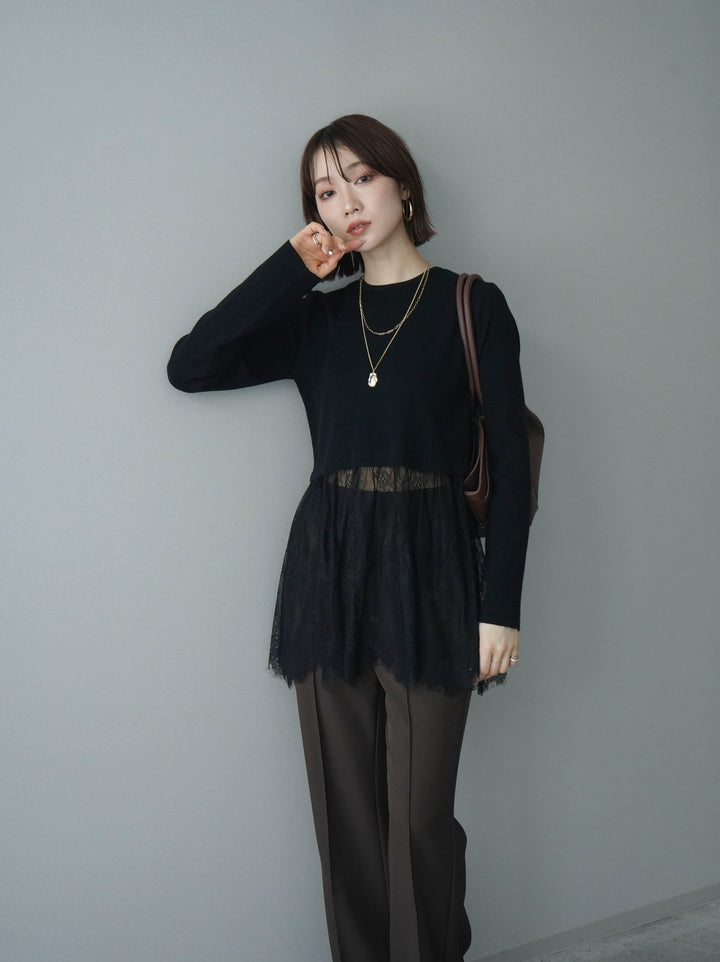[予約]クルーネックレースドッキングリブニットトップス/black