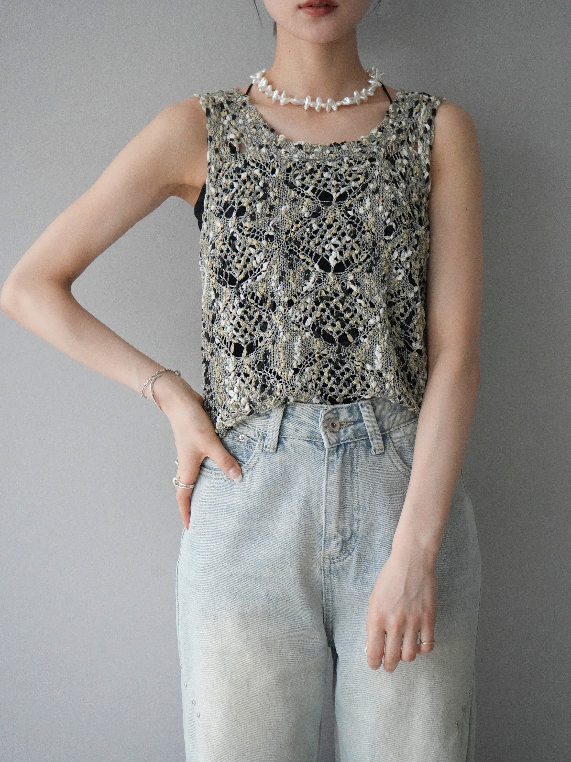 予約]ラメミックスヤーンニットタンクトップ/ゴールド – Lumier