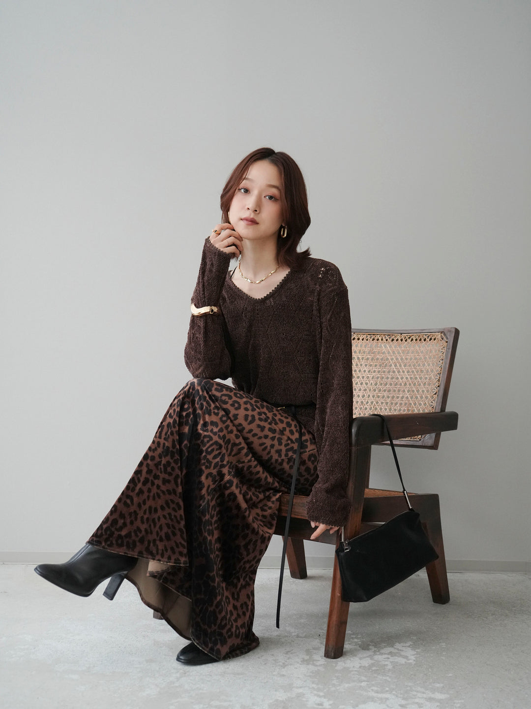[SET]モール透かし編みニットトップス+レオパードベロアナロースカート(2set)