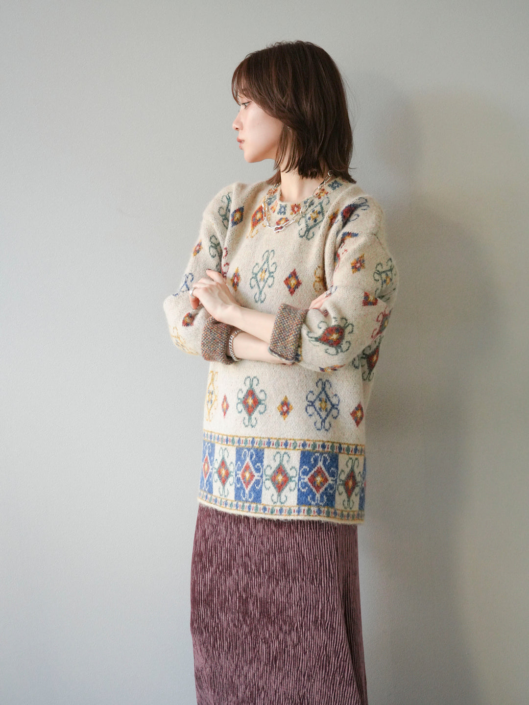 [予約]ヴィンテージ柄オーバーニットプルオーバー/アイボリー