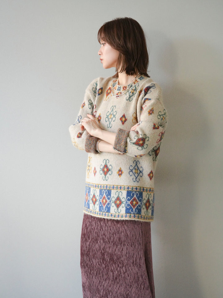 [予約]ヴィンテージ柄オーバーニットプルオーバー/アイボリー