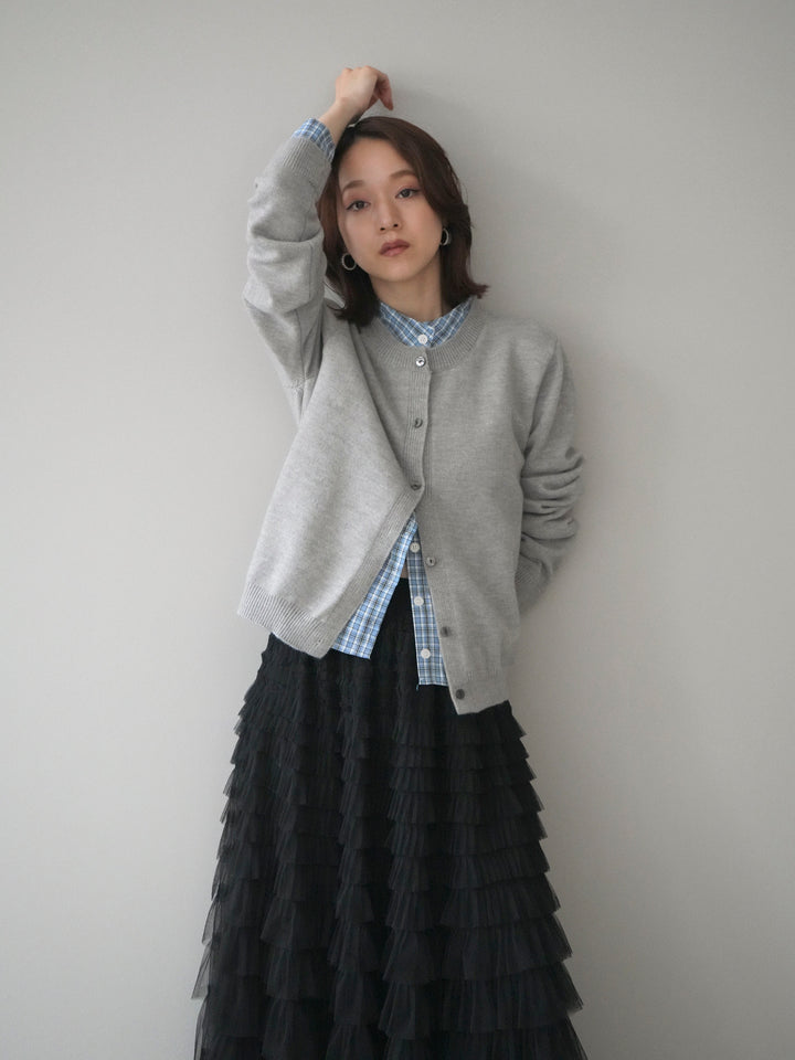 [予約]チェックシャツレイヤードデザインニットカーディガン/gray