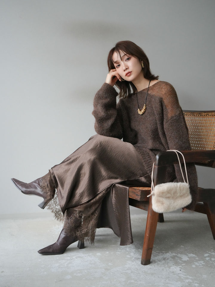 [予約]ネック透かし編みニットプルオーバー/ダークブラウン