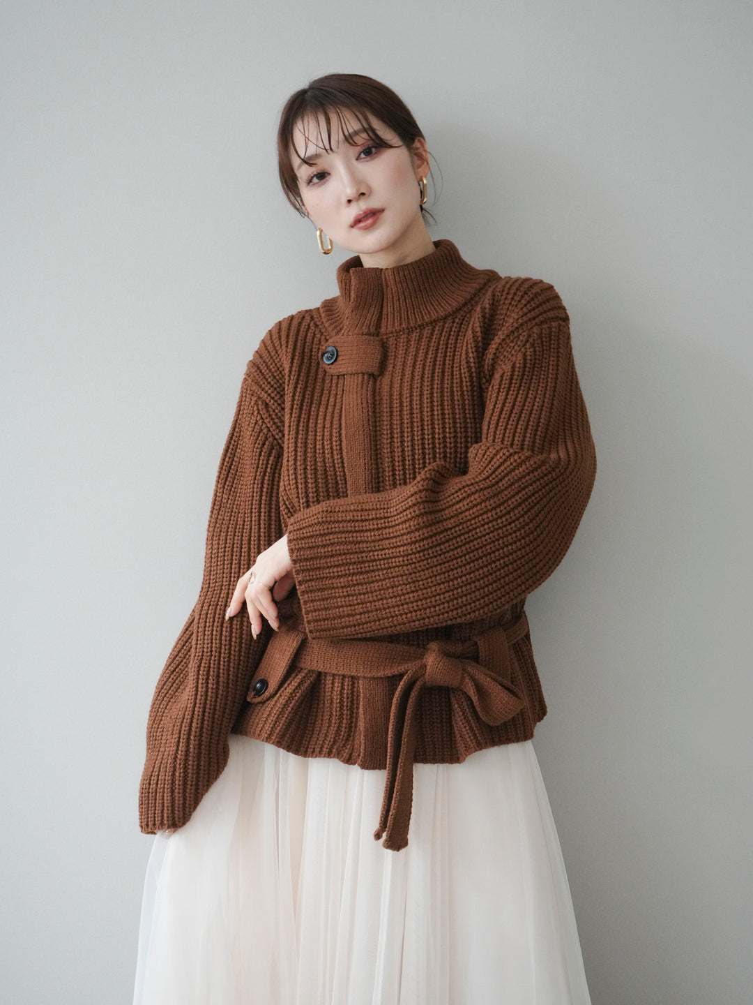 [予約]畦編みボトルネックZIPニットカーディガン/brown