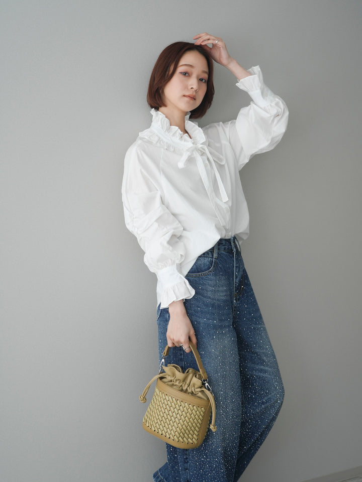 [予約]フリルネックギャザーブラウス/white