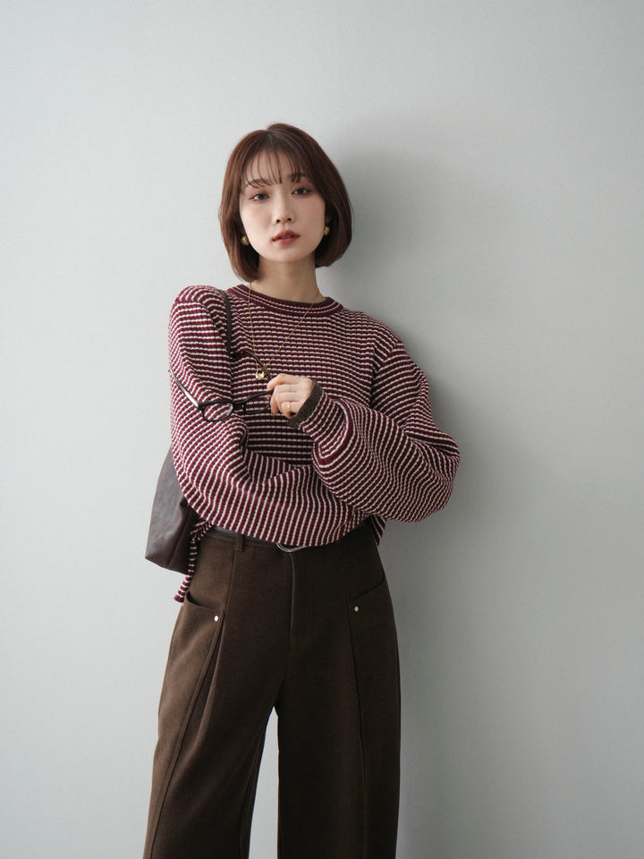 [予約]ラメ異素材ボーダーリブニットプルオーバー/bordeaux×brown