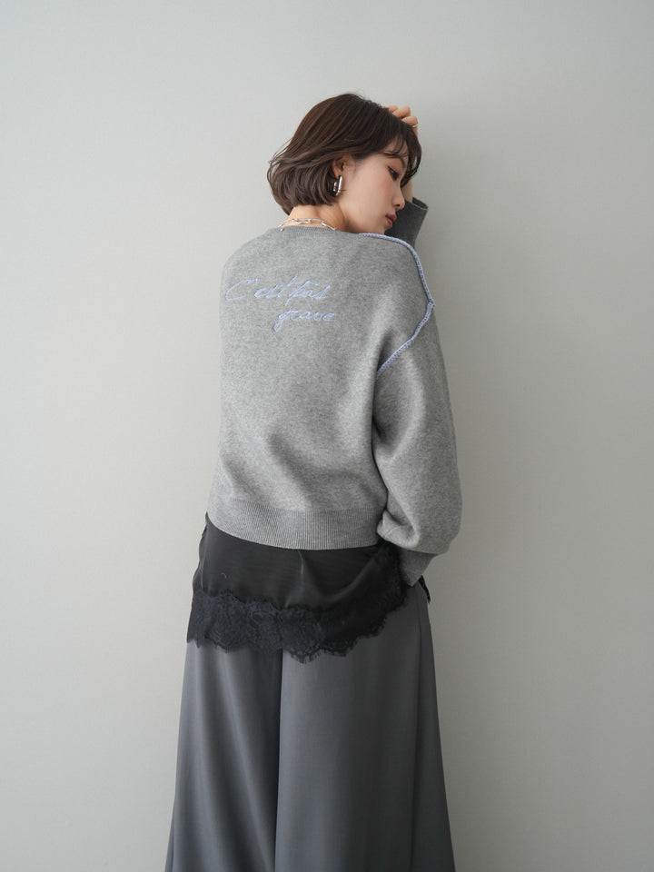 [予約]バックロゴ刺繍配色ステッチニットプルオーバー/gray