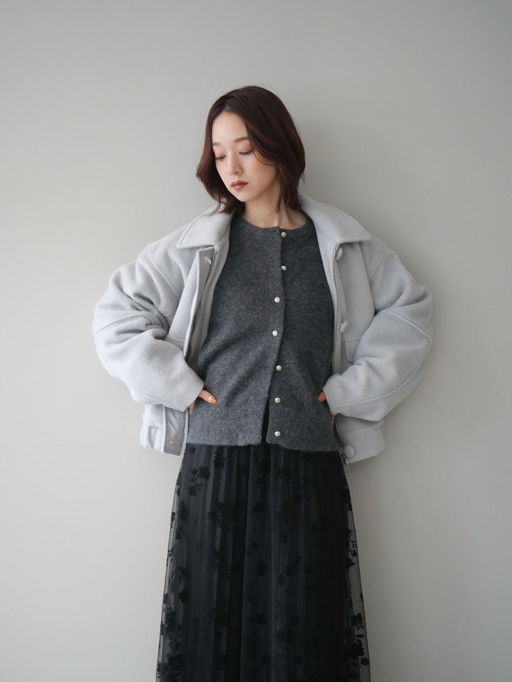 [SET]ウールライクフライトジャケット+アンティークボタンニットカーディガン+フラワーフロッキーチュールプリーツスカート(3set)