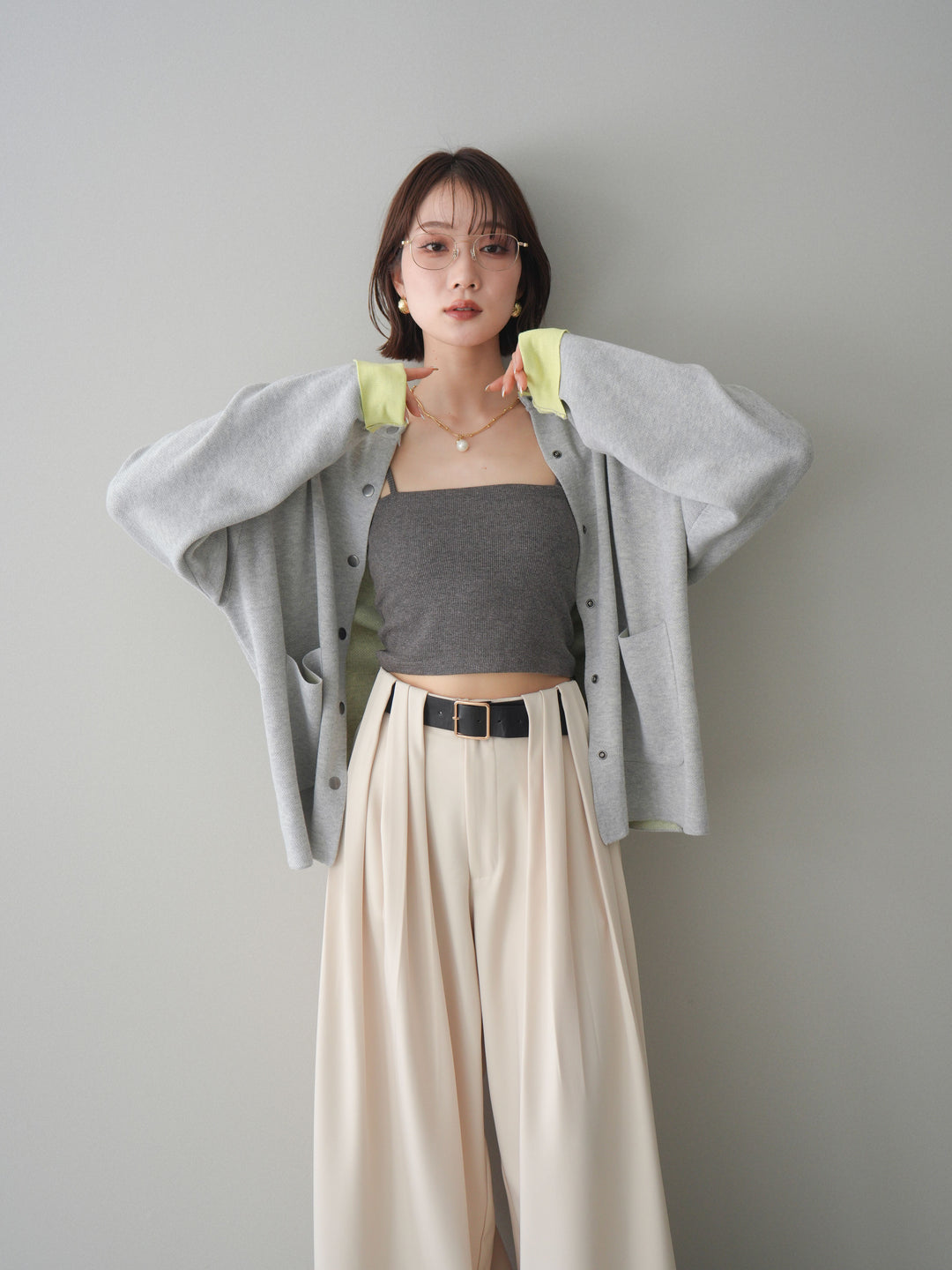 [SET]バイカラーオーバーニットカーディガン+タックベルトループワイドパンツ(2set)