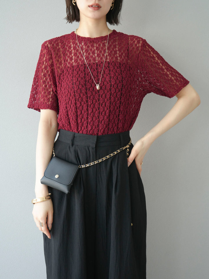 【預購】剪裁蕾絲T卹/波爾多紅
