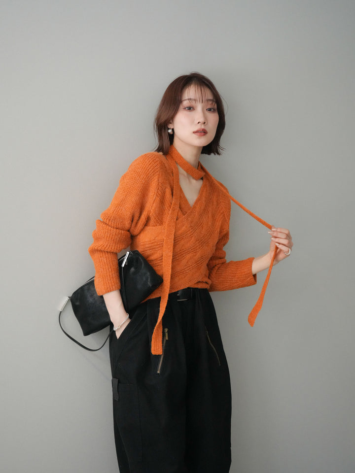 [予約]ケーブル編みクロスニットトップス/orange