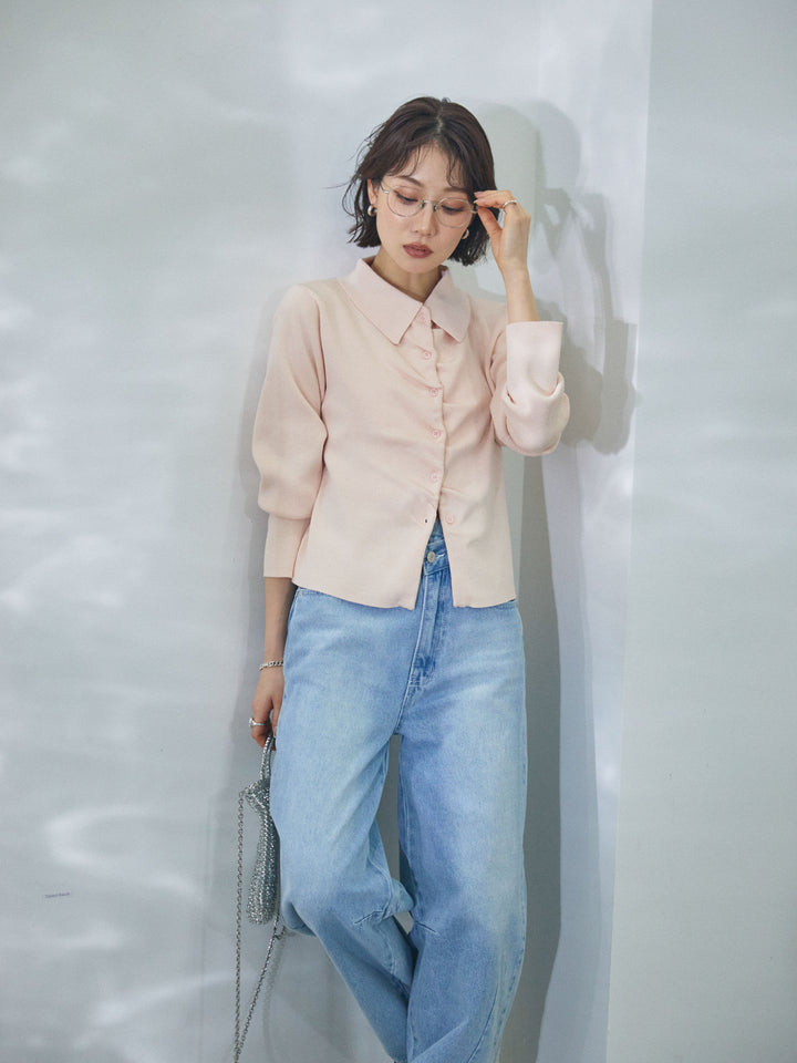 【Allure】[SET]襟付きギャザーニットカーディガン+アシメカーブデニムパンツ(2set)