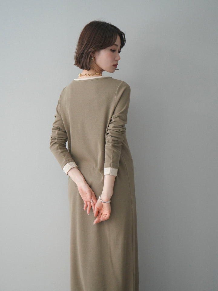 [SET]配色レイヤードヘンリーネックカットリブワンピース+選べるアクセセット(2set)