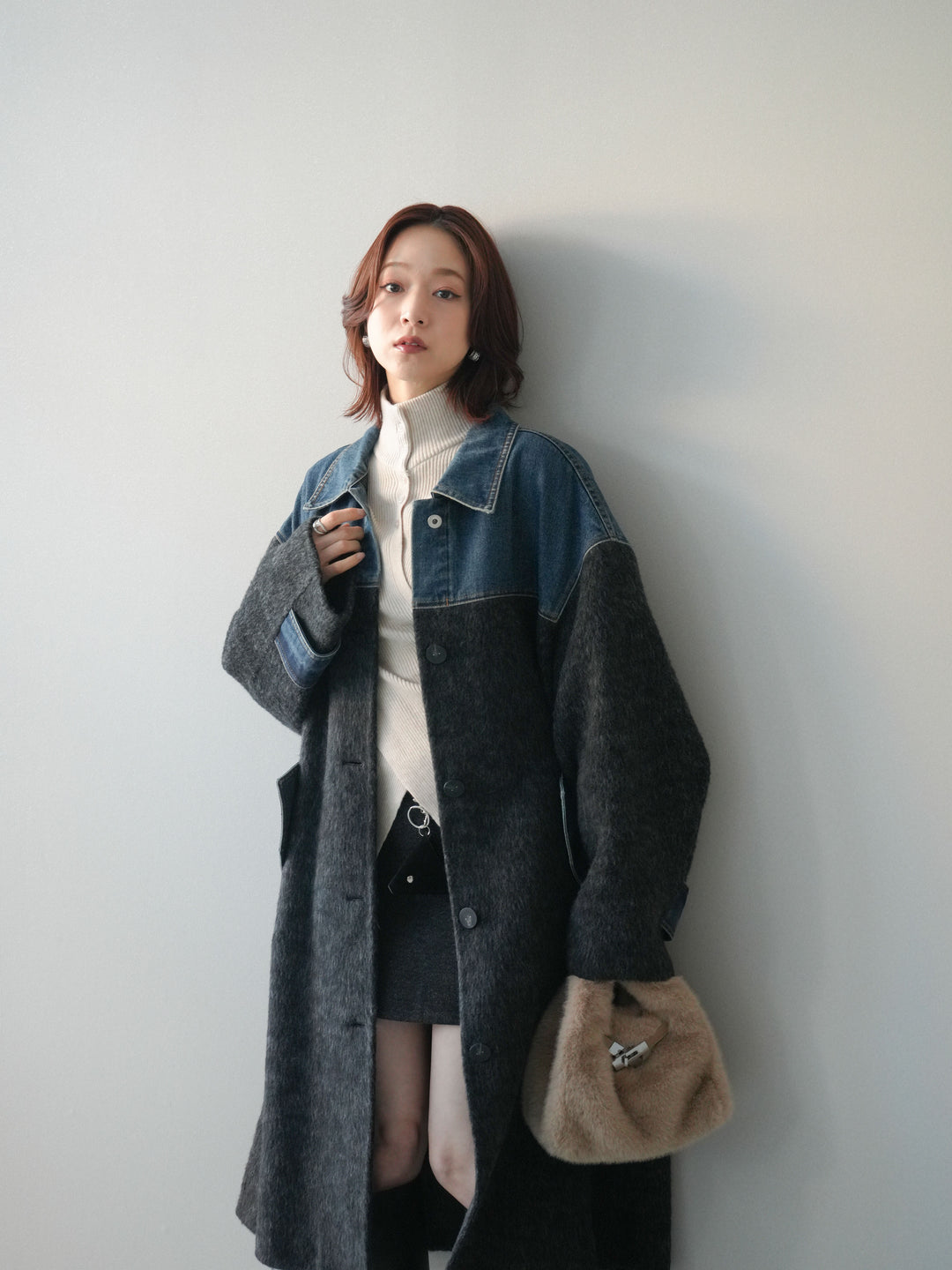 [SET]デニム切替シャギーステンカラーコート+ウールタッチベルト付ミニスカート(2set)