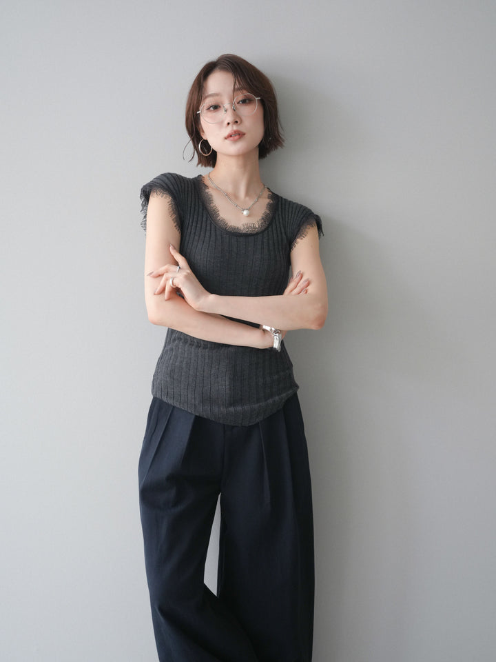 [予約]レーストリムリブニットトップス/charcoal