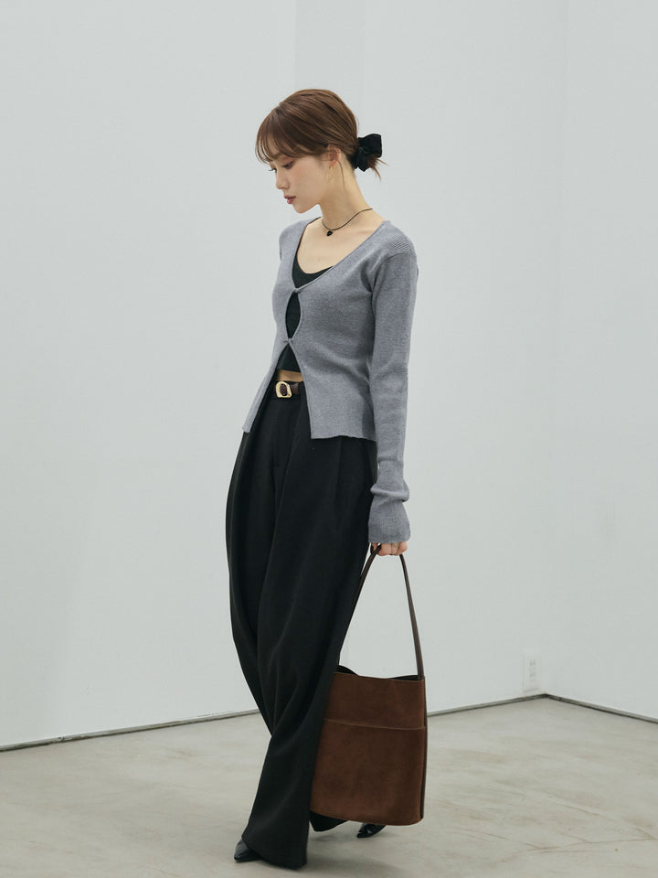 【Allure】[SET]フロントツイストホールリブニットトップス+ループデザインツイルワイドパンツ(2set)