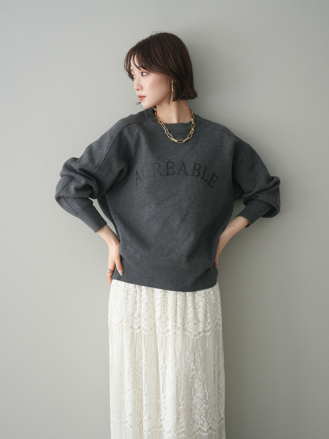 [予約]半ラバープリントロゴスウェットライクニットプルオーバー/mokucharcoal