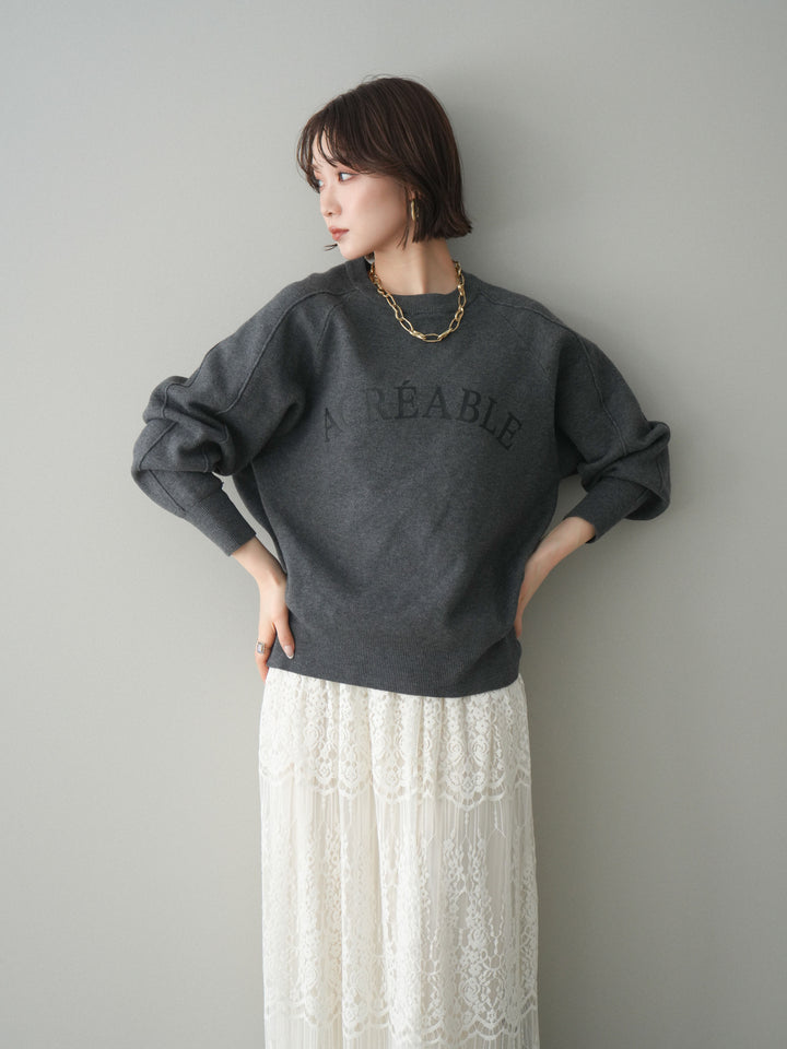 [予約]半ラバープリントロゴスウェットライクニットプルオーバー/mokucharcoal