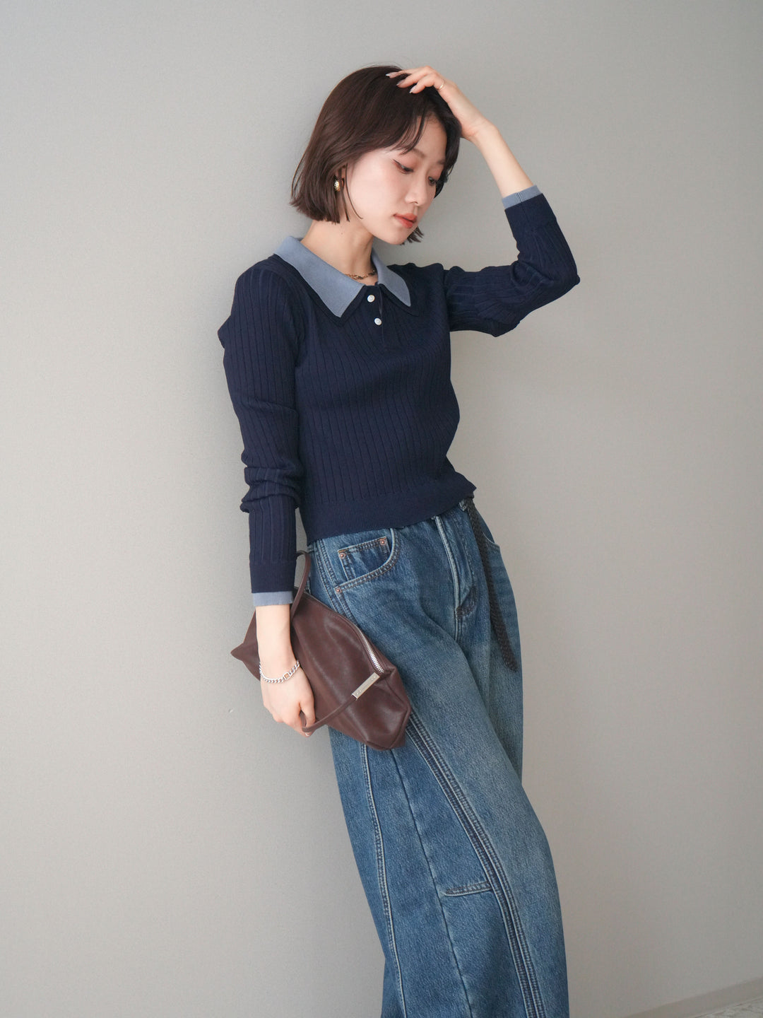 [予約]ダブル襟ポロリブニットトップス/navy