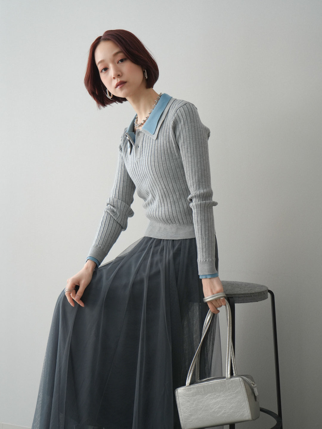 [SET]ダブル襟ポロリブニットトップス+チュールボリュームスカート(2set)