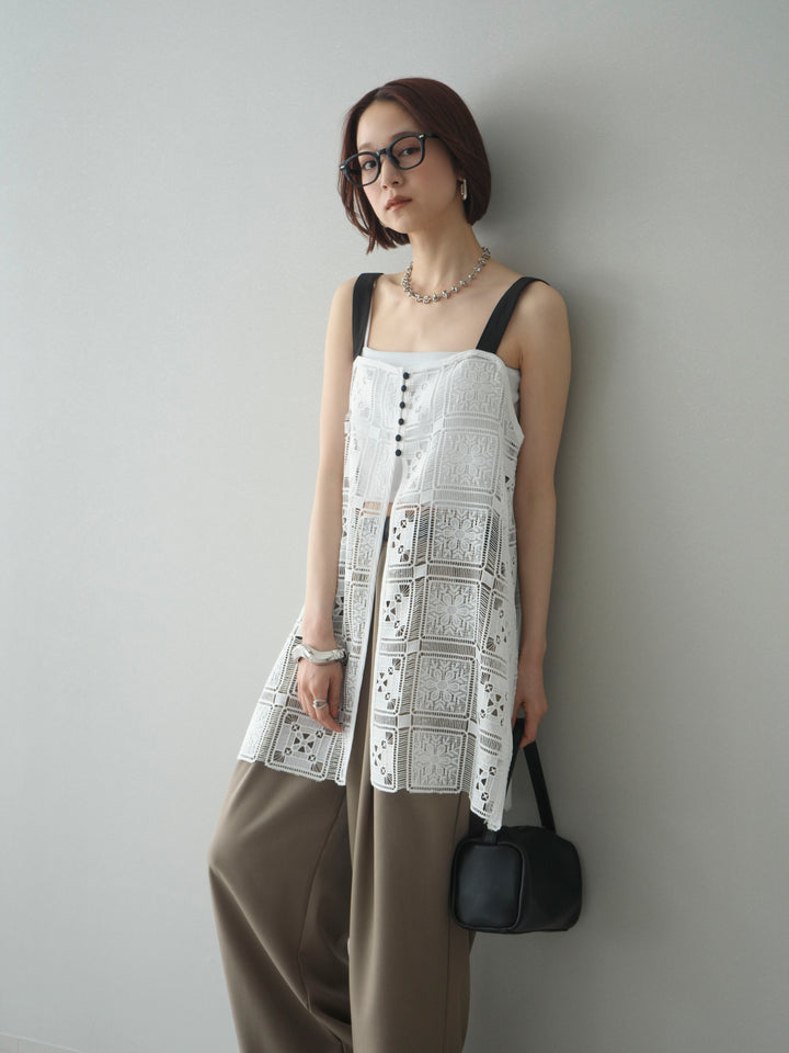 [SET]配色パネルレースキャミソール+ベルト付キーホルダーモチーフワイドパンツ(2set)