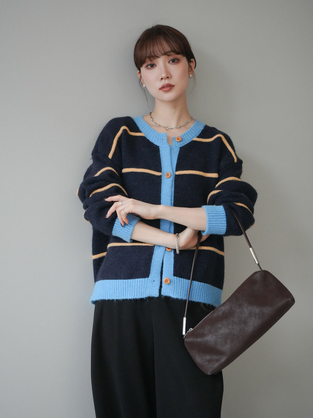 [予約]配色ボーダーニットカーディガン/navy