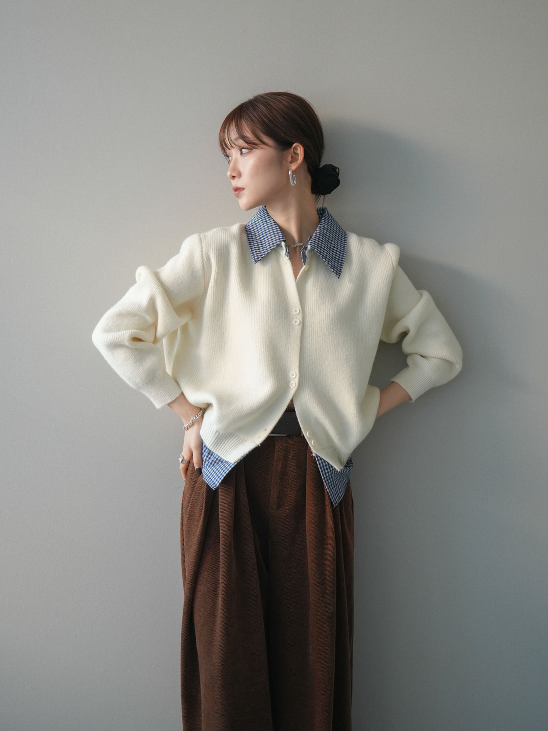 [SET]チェックシャツ襟ニットカーディガン+チェックシャツ襟ニットカーディガン(2set)