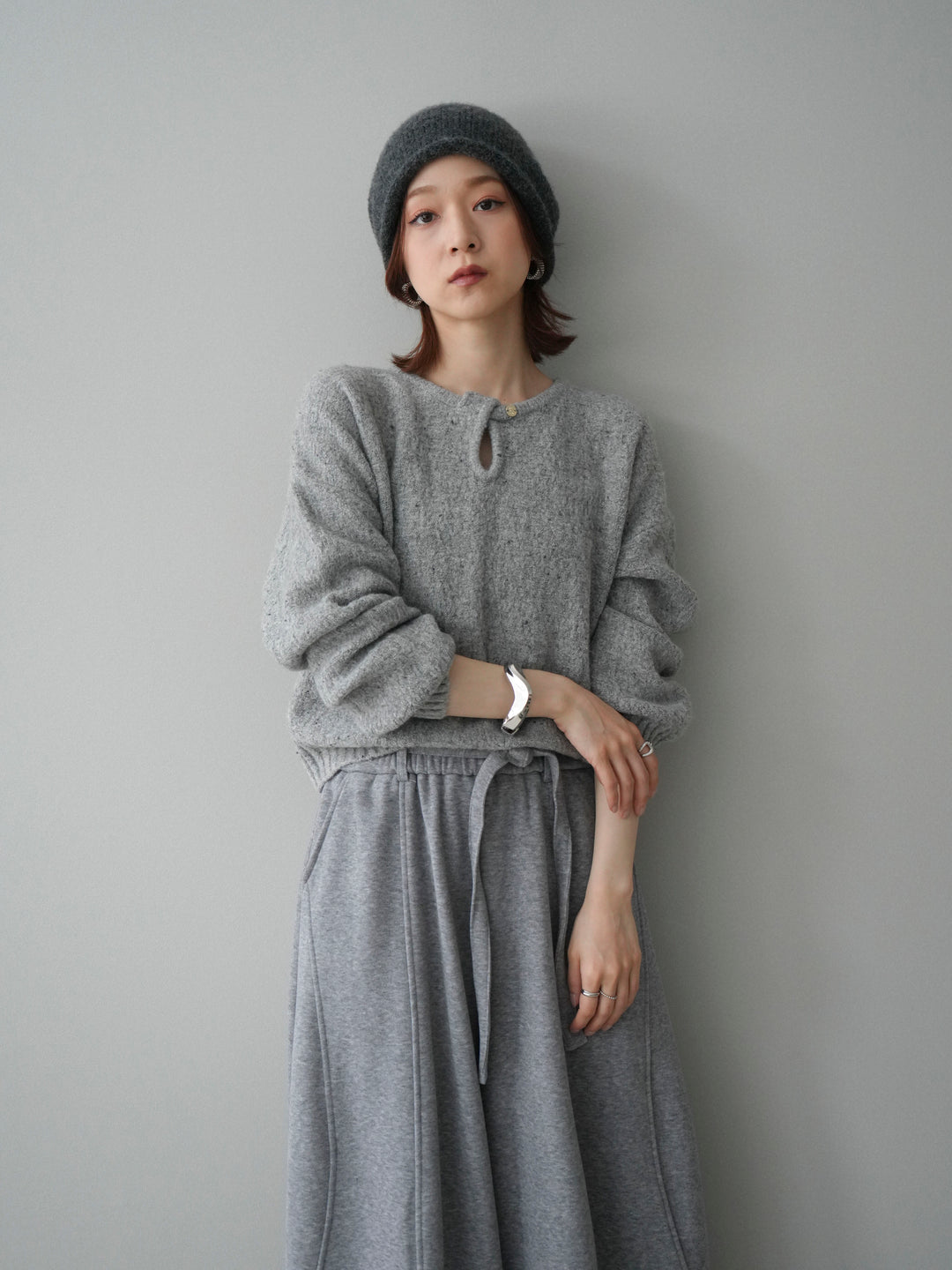 [予約]ツイストネックラメネップヤーンニットプルオーバー/gray